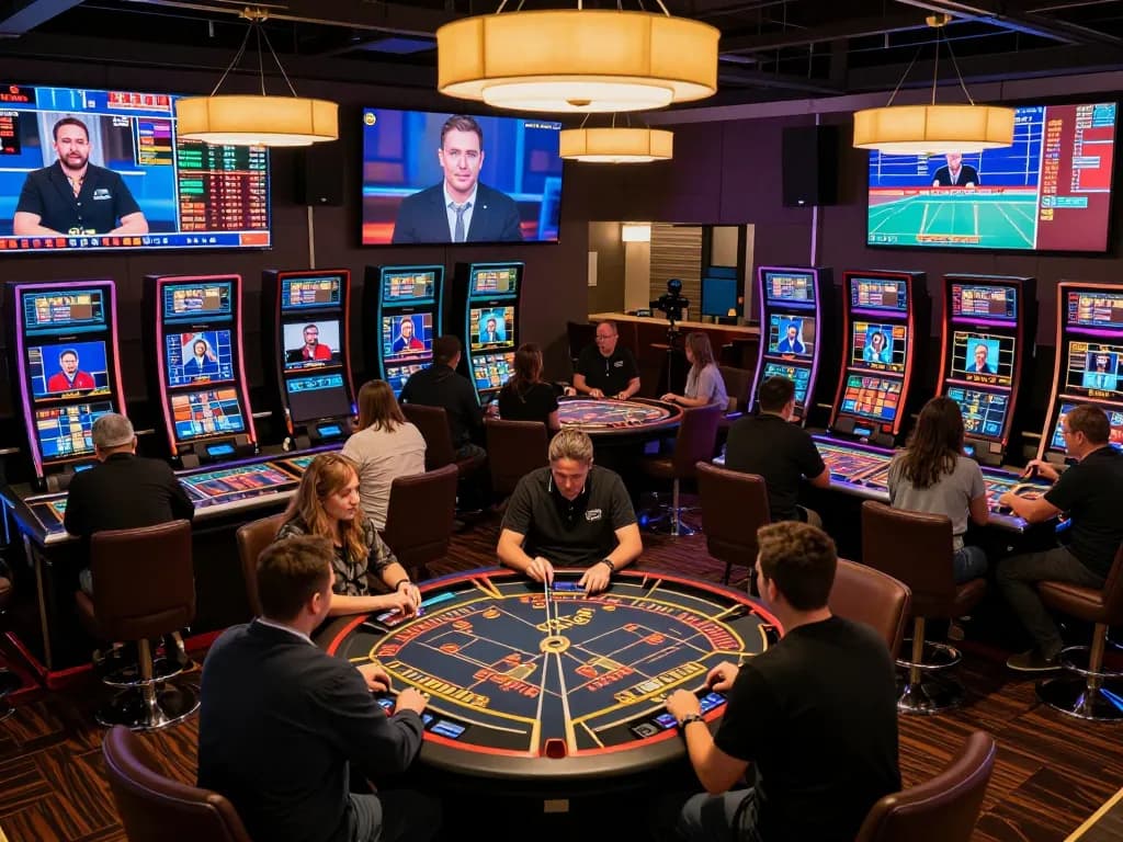 Players engaged in live dealer games at alo8, vibrant atmosphere showcasing online casino excitement.
