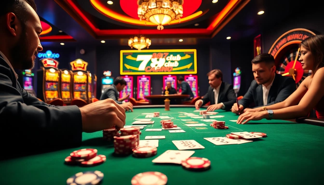 Exciting poker game at 789club casino table, showcasing vibrant poker chips and cards.