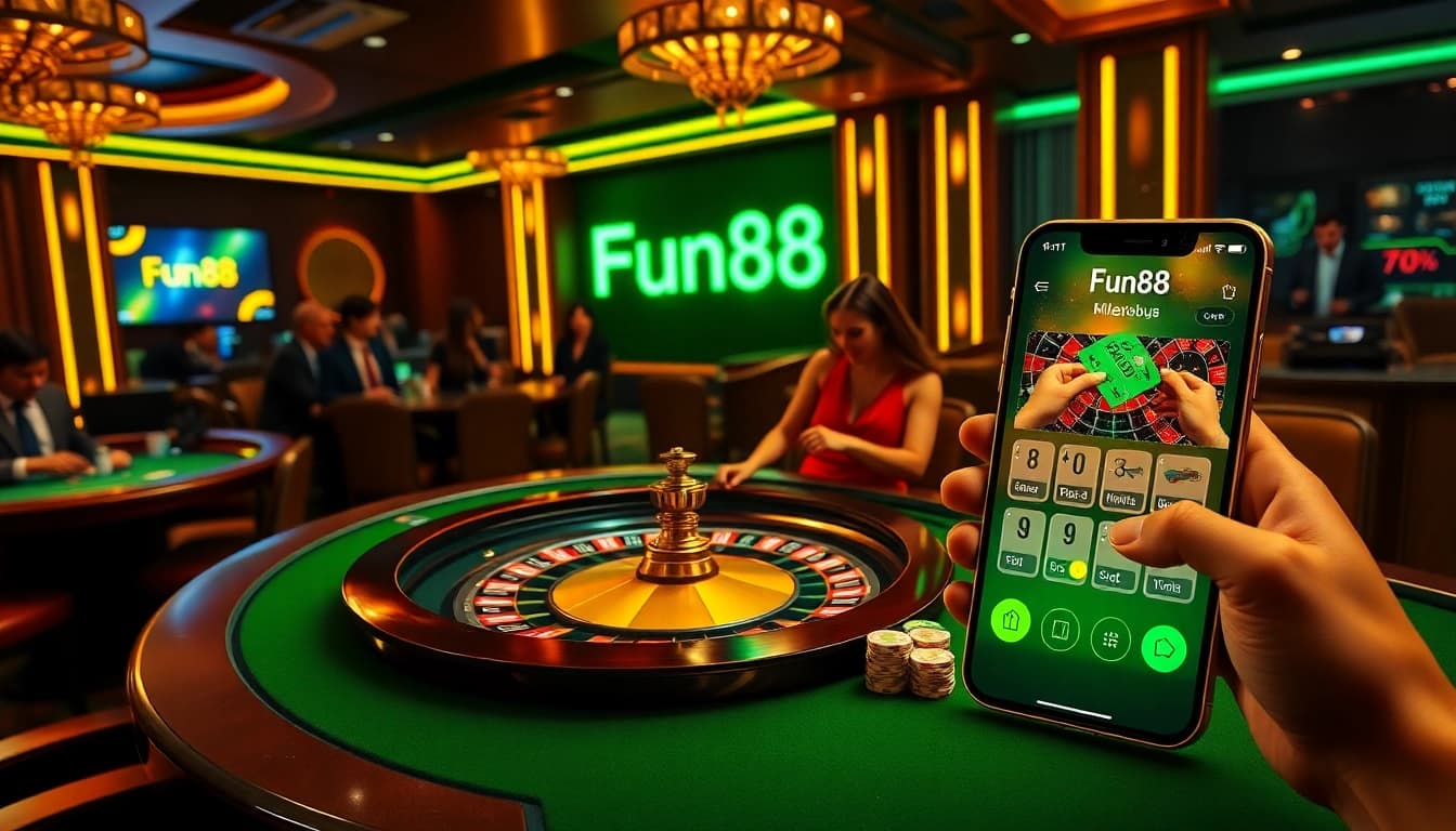 Exciting Fun88 online casino atmosphere with players at a roulette table and mobile app display.