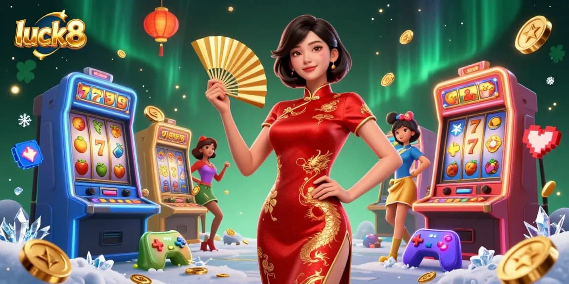 Experience luck8 slot action with vibrant Asian woman, golden dragons, and cascading coins.