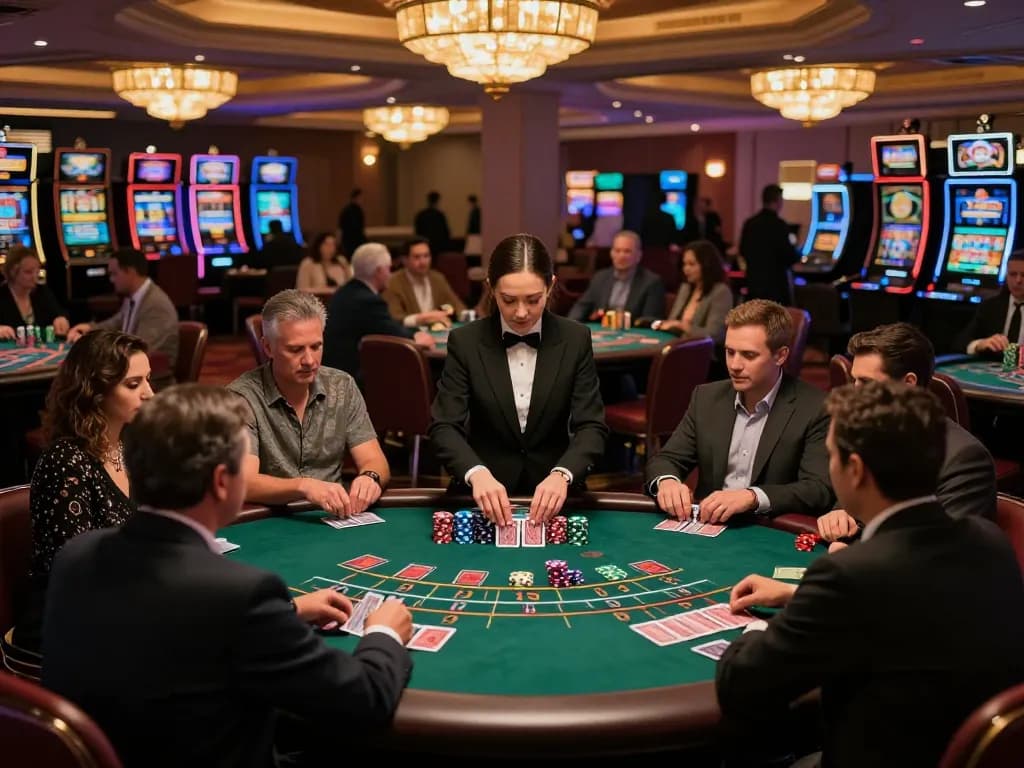 Engaged players at a blackjack table in the dn88 casino, strategizing their bets under warm chandelier lighting.
