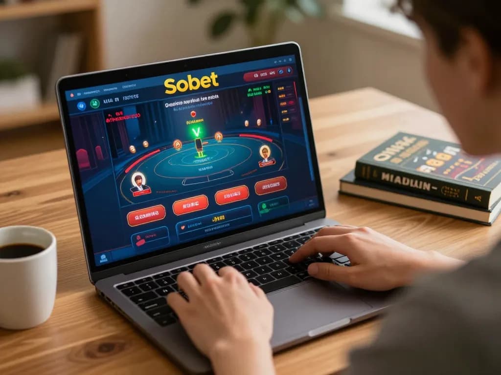 Sbobet online gaming setup with a cozy home atmosphere, showing active gameplay on laptop.