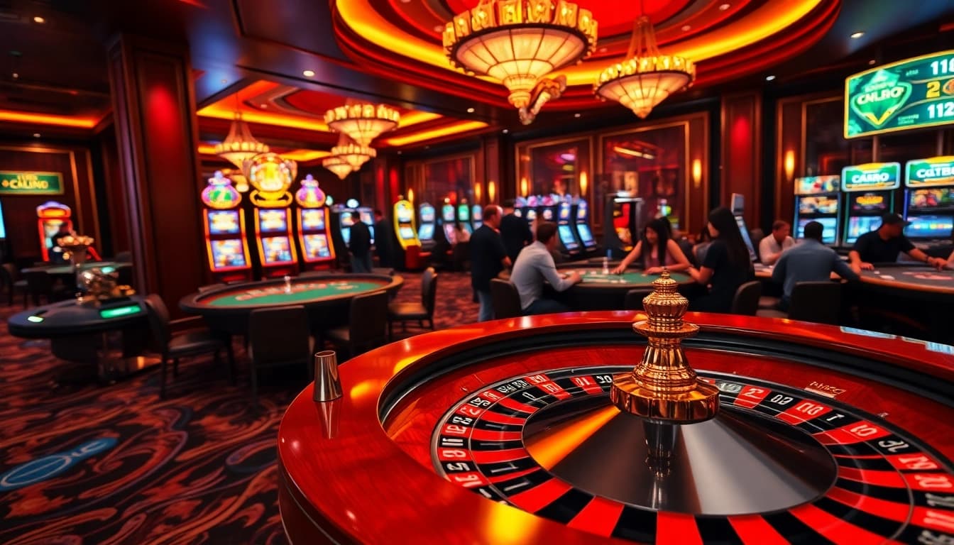 Experience the thrill of winning at qh88 with players engaged at roulette and vibrant slot machines.