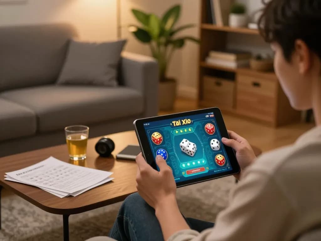 Player engaging in Tài Xỉu online game on tablet in a cozy home setting