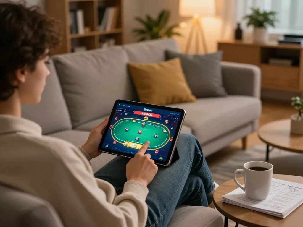 Engaging in online casino gaming at dagago on tablet, cozy home atmosphere with strategic notes.