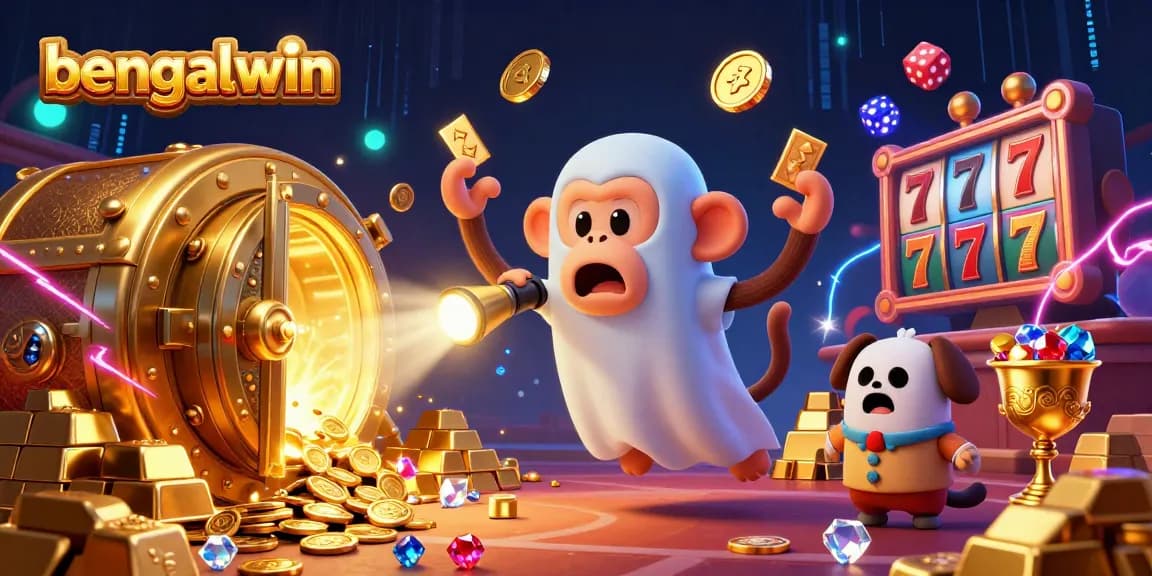 Bengalwin showcases thrilling casino vibes with a playful monkey and ghost-hunter puppy in a vibrant 3D illustration.