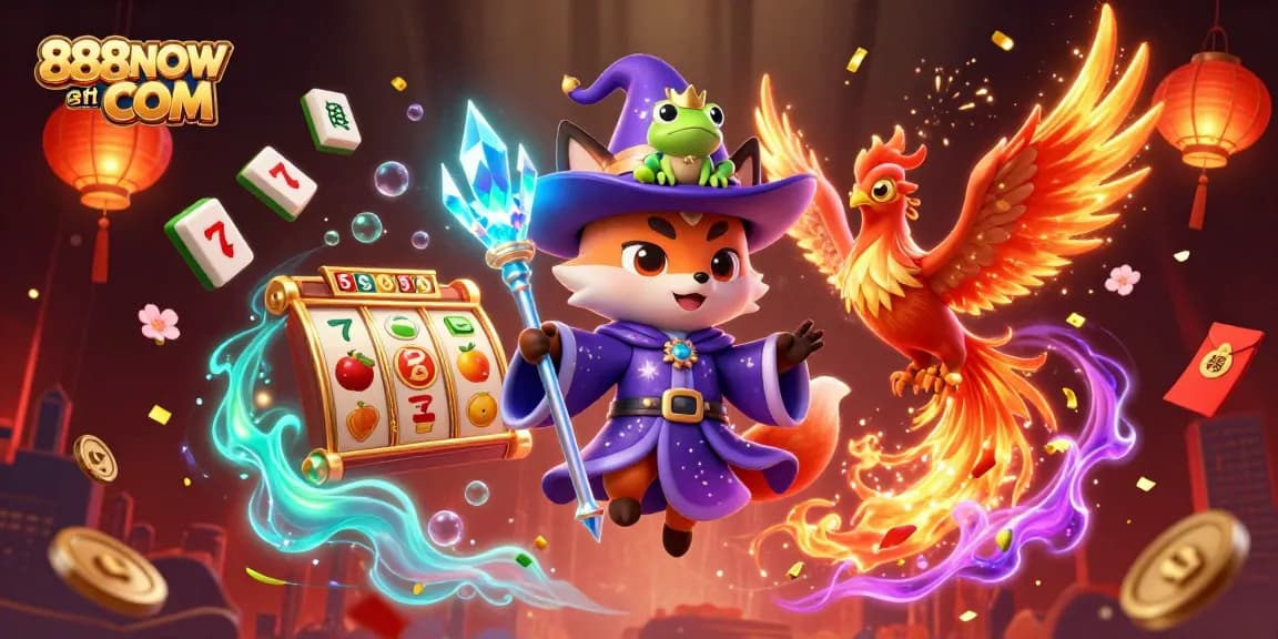 Engage with the vibrant world of 888NOW COM featuring animated casino characters and rich gambling elements.