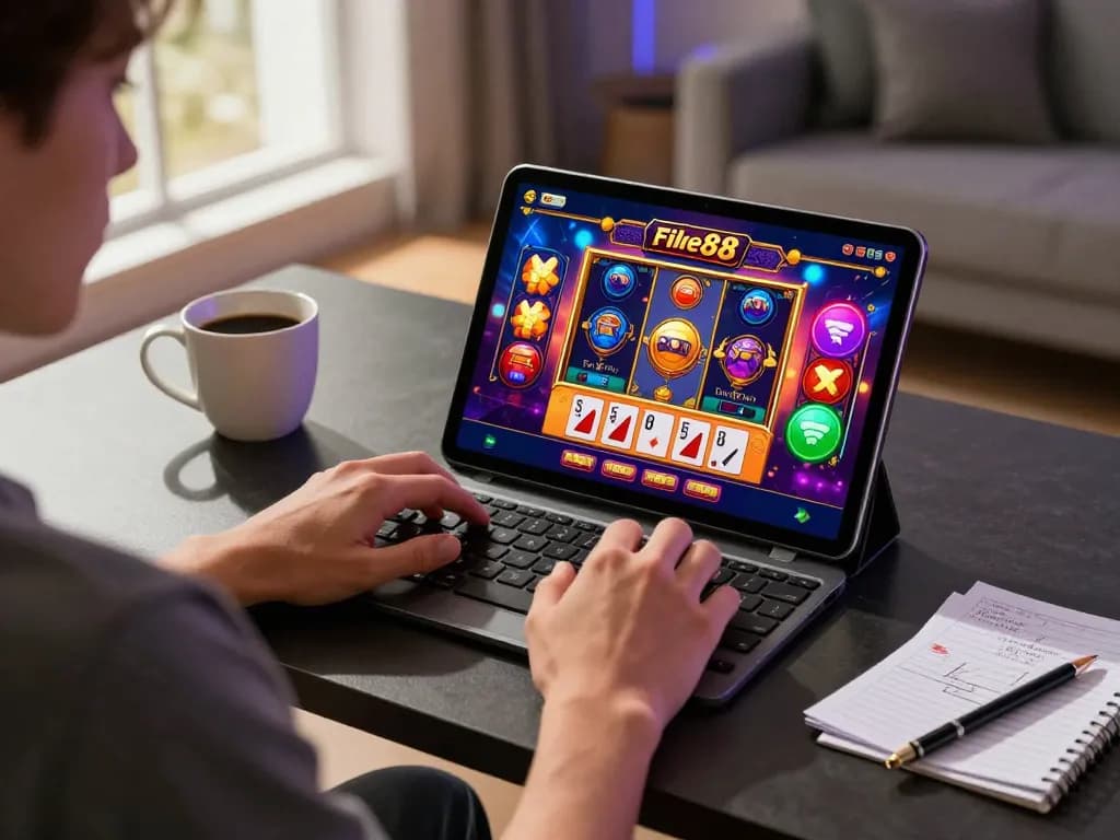 Enjoy thrilling moments on fly88 as player engages with captivating games on tablet at home.