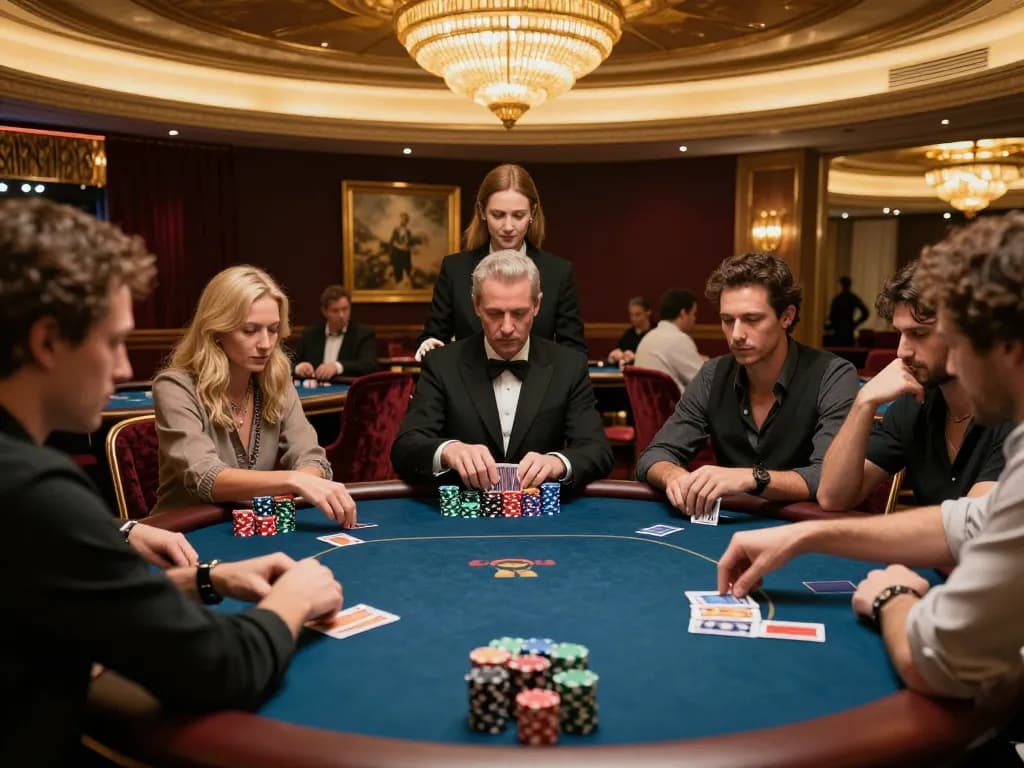 Sunwin poker players analyze strategies while engaged in a high-stakes game in a luxurious casino.
