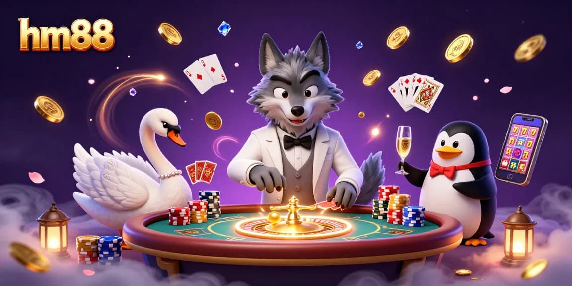 Win big playing at hm88 with a vibrant casino scene featuring charming characters and exciting games.