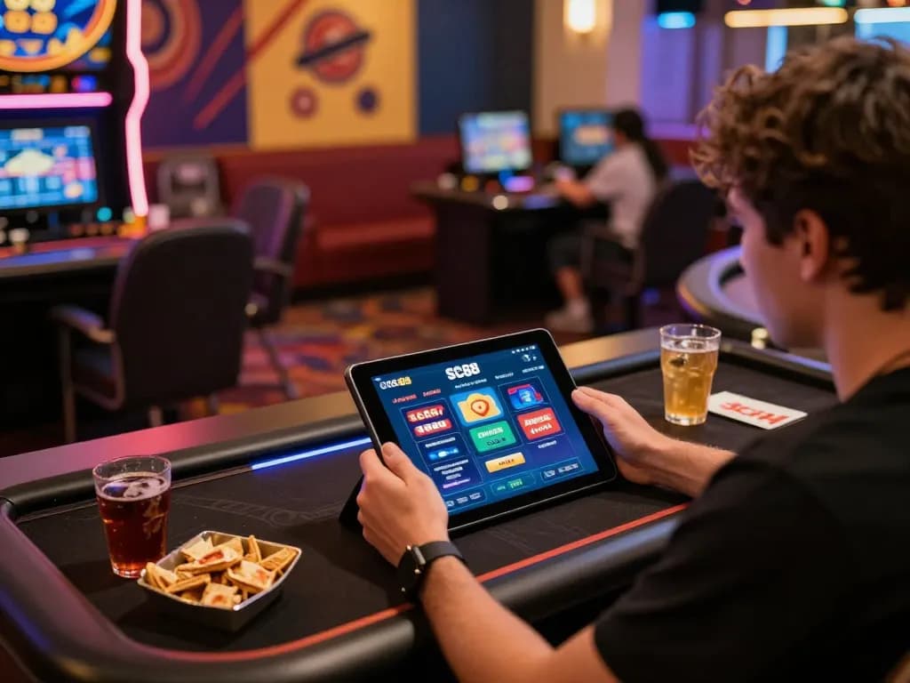 Engaging player enjoying SC88 online casino app during a home gaming session.