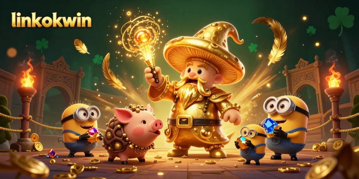 Engage with the excitement of gaming adventures on link okwin, featuring a magical scene with golden treasures and whimsical characters.