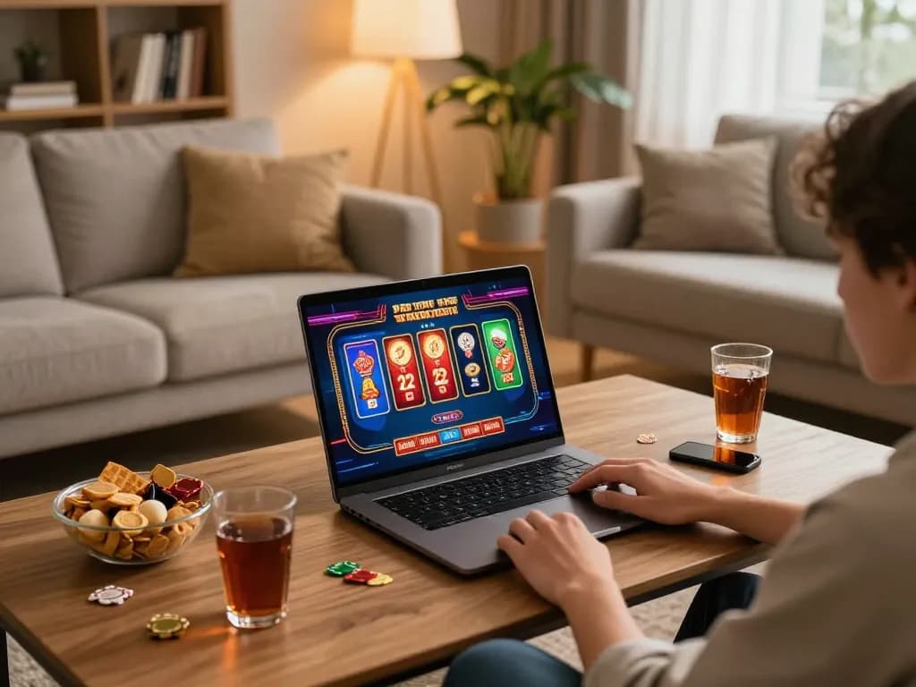 Engaging in online casino gameplay at home on RR88, with excitement radiating from the screen.