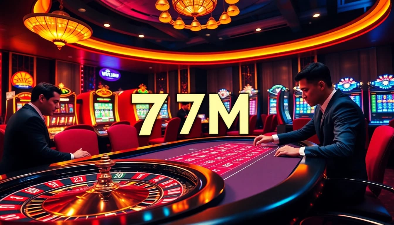 Players engaging in high-stakes poker at a luxurious casino, with 7M branding subtly integrated.