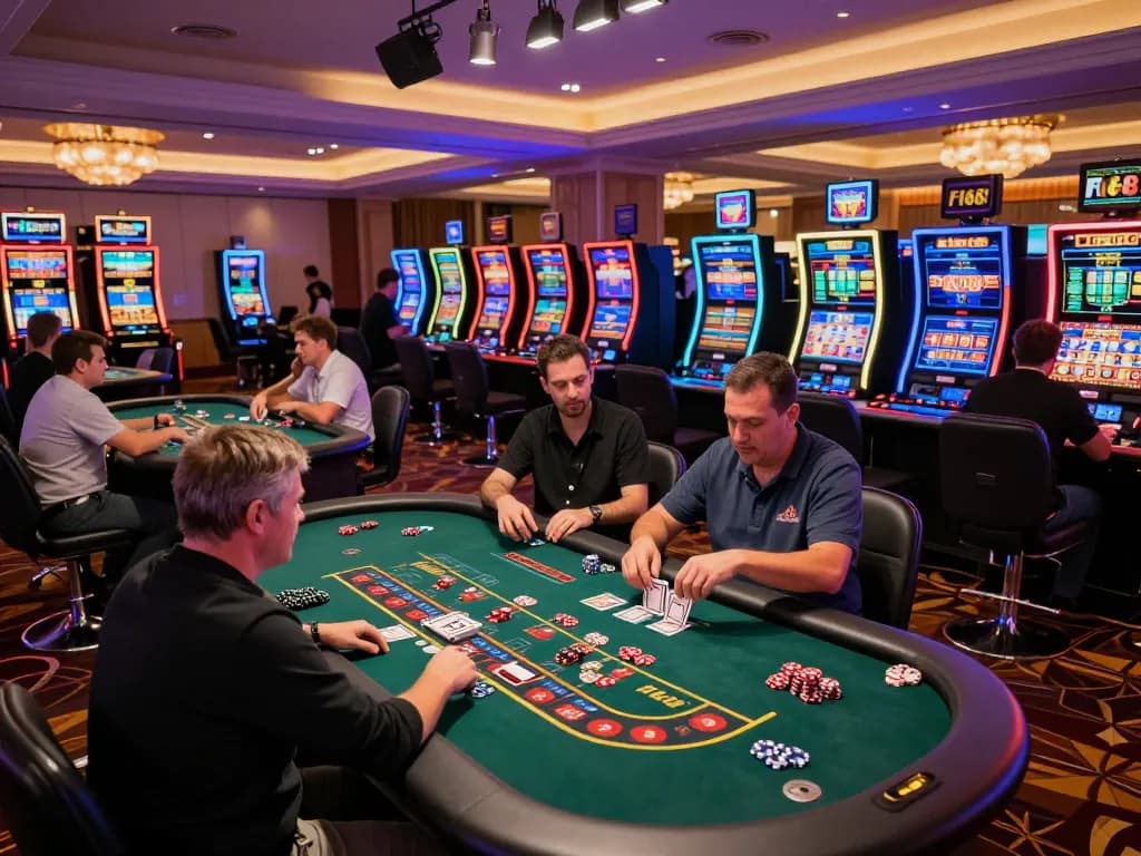 Players enjoying games at F168's lively casino floor, highlighting excitement and strategy.