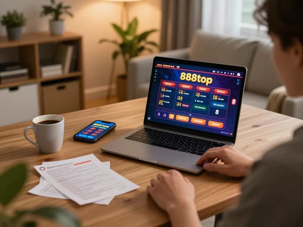 Player strategizing on 888top's online casino platform via laptop during a cozy home gaming session.