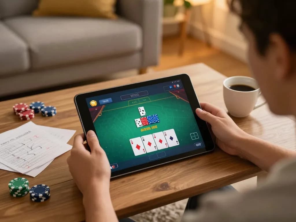 Online Casino gaming at home with a tablet, showcasing exciting poker gameplay and strategy notes