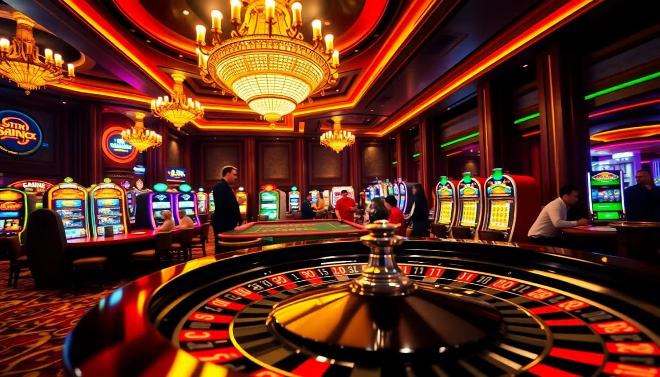 Experience the excitement of RR88 in a vibrant casino featuring roulette and slot machines.
