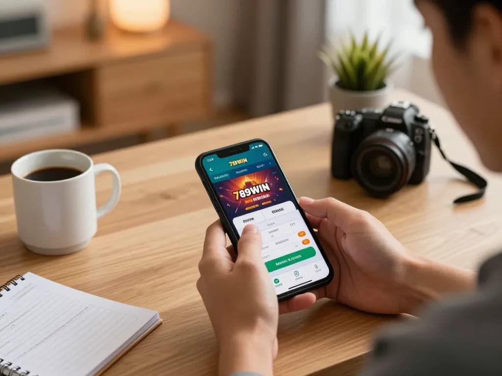 Engaging in online gameplay on the 789WIN app from a cozy home setting, smartphone activated for betting.