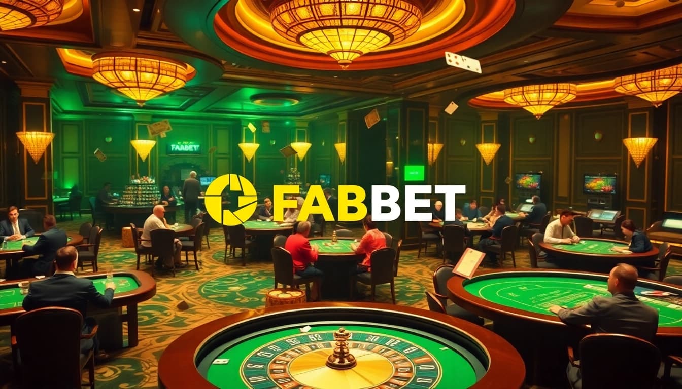 FABET enhances your gaming experience with vibrant casino visuals showcasing poker tables and roulette wheels.