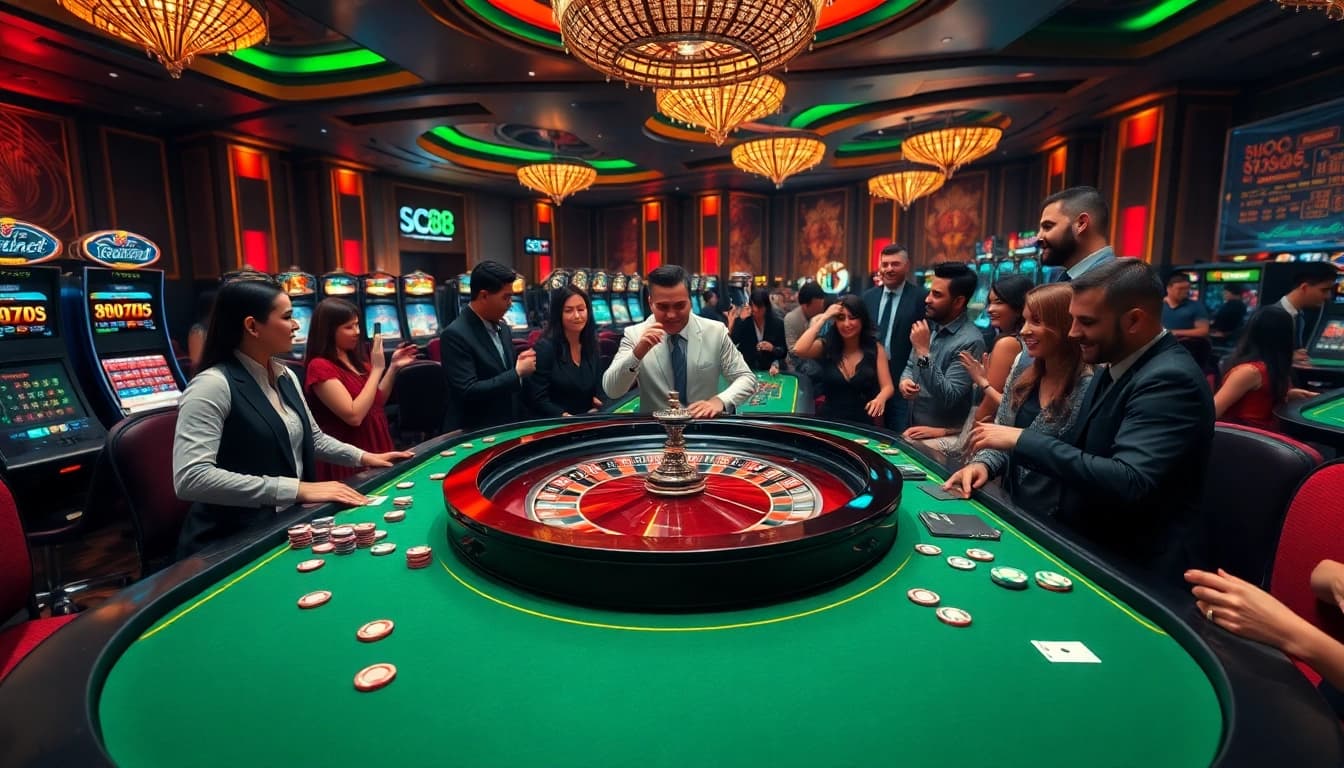Players enjoying high-stakes games at SC88 casino with roulette and poker tables.