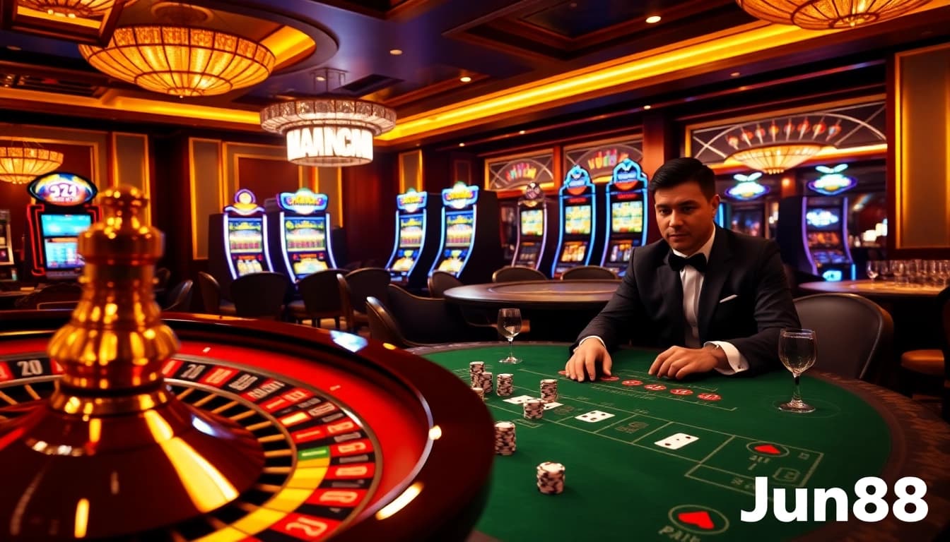 Players engage in thrilling blackjack at Jun88 casino, surrounded by vibrant gaming tables and colorful chips.