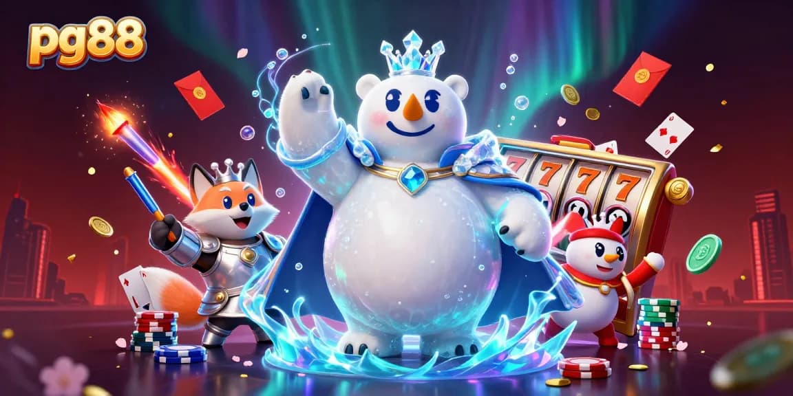Experience excitement in pg88 with a polar bear king and fox companion amidst vibrant casino elements.