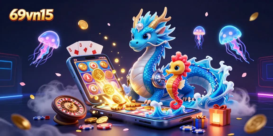 Experience the excitement at 69vn15 with a vibrant casino scene featuring dynamic characters and thrilling game elements.