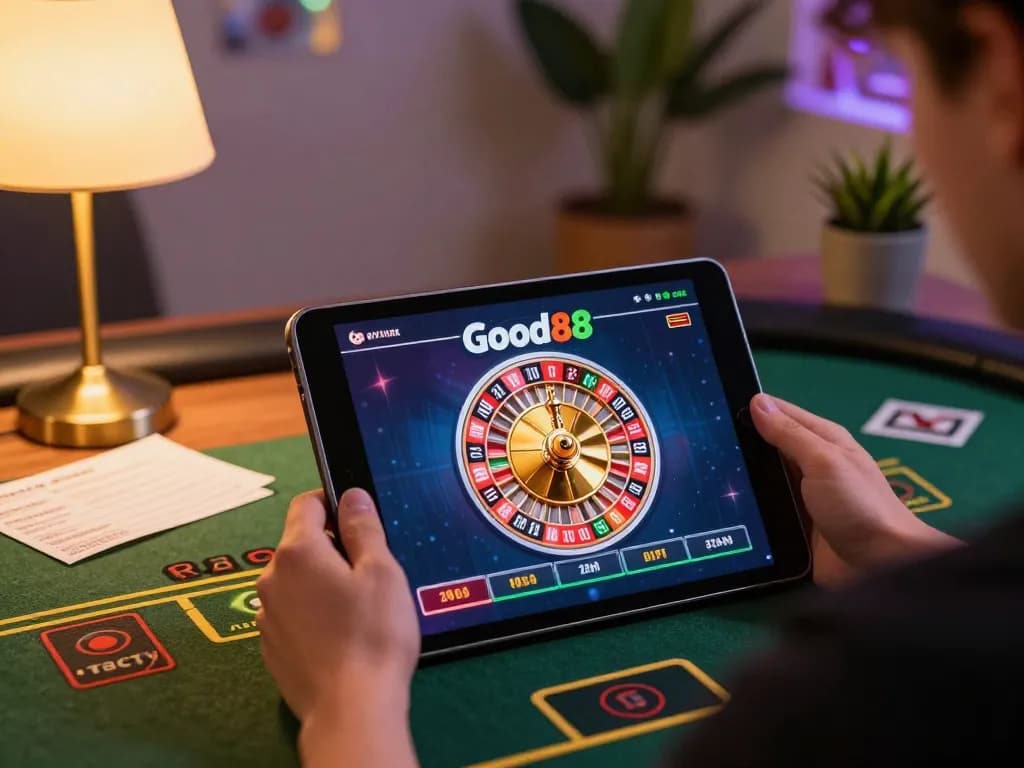 Engaging in online gaming at Good88, focusing on roulette strategies in a cozy environment.
