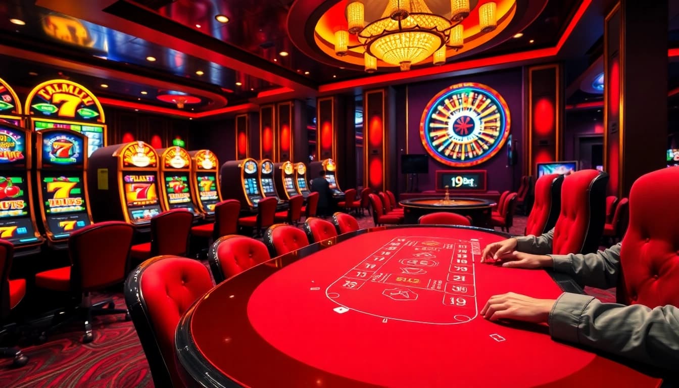 Engage with the thrilling game atmosphere of i9bet including poker tables and vibrant slot machines.