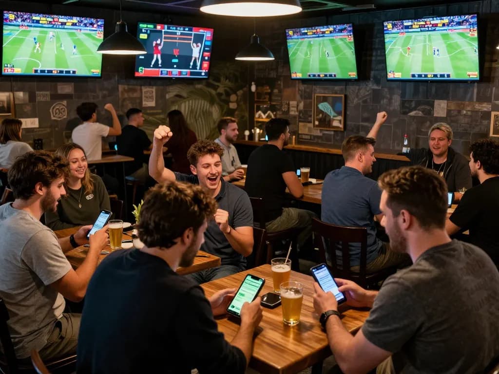 B52club users engaging in live sports betting and cheering in a vibrant sports bar atmosphere.