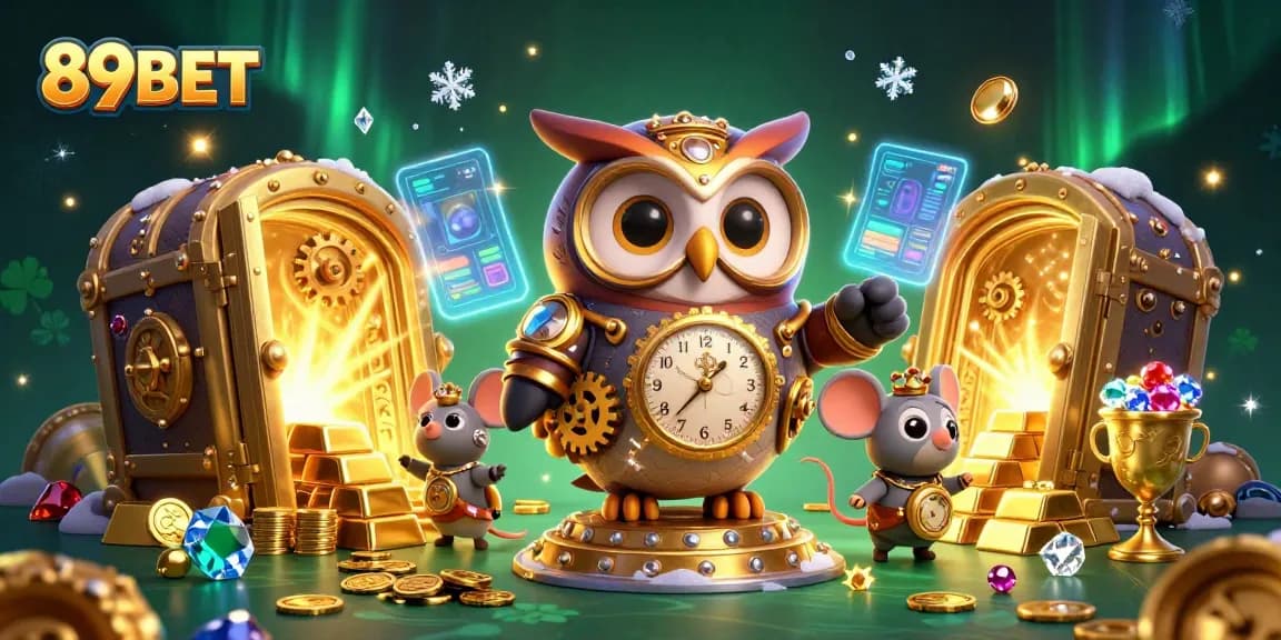 Experience winning fun with 89BET in an ultra-detailed casino scene featuring a whimsical owl and treasure elements.