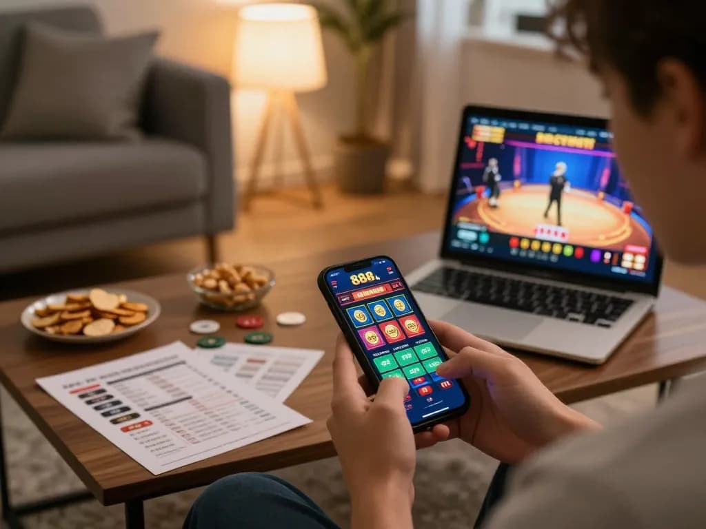 Player engaging with 888b gaming app on smartphone during a cozy home setup.