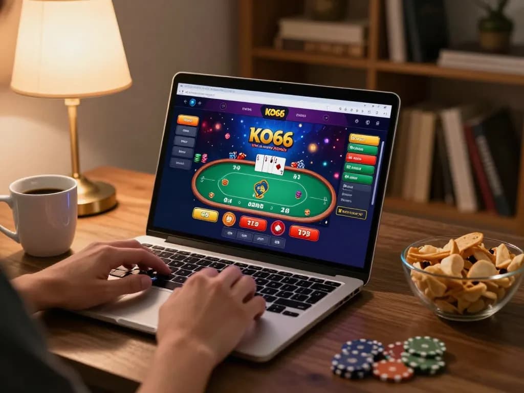 Người chơi tham gia poker trên nền tảng casino trực tuyến của KO66 từ một không gian thoải mái tại nhà, thể hiện lối chơi chiến lược.