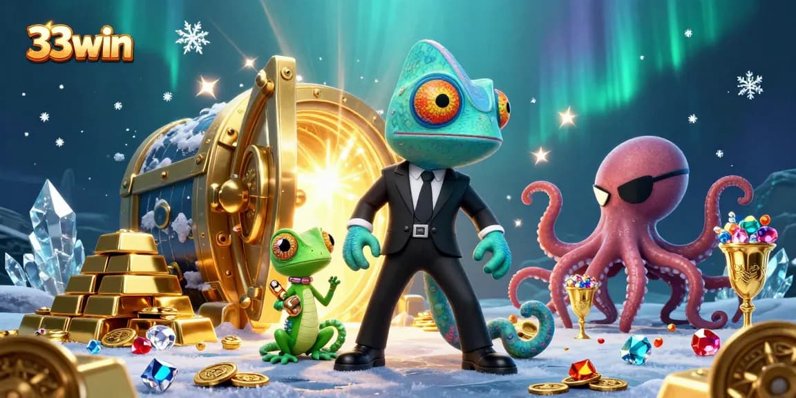 33win game illustration showcasing vibrant casino elements and characters in a dynamic scene.