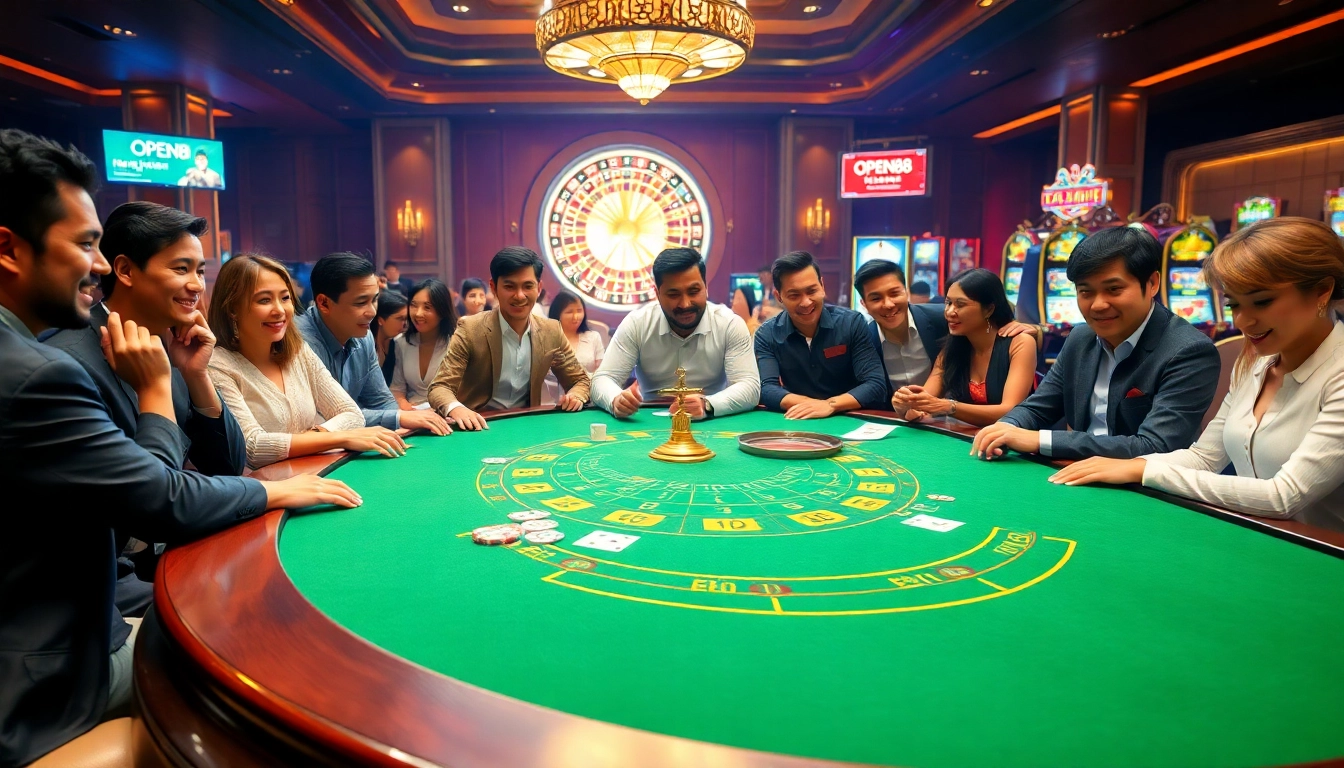 Gamblers enjoying live blackjack at OPEN88, showcasing excitement and luxury in a vibrant casino atmosphere.