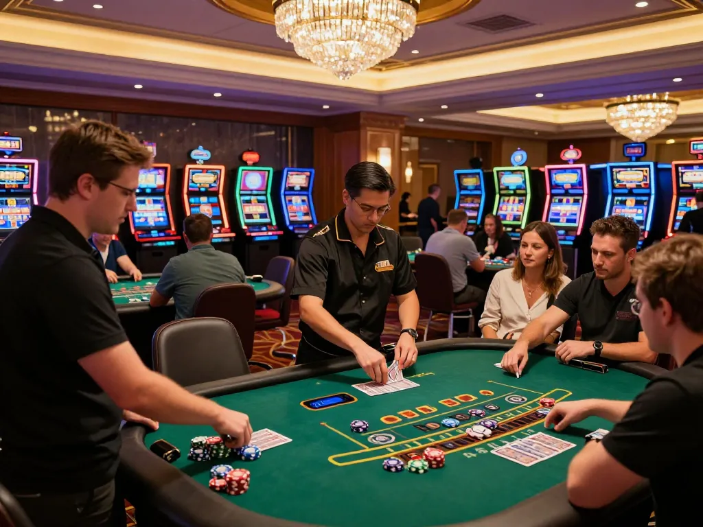 A lively casino scene featuring players at blackjack tables and vibrant slot machines at hytw3339net, showcasing a dynamic gambling atmosphere.