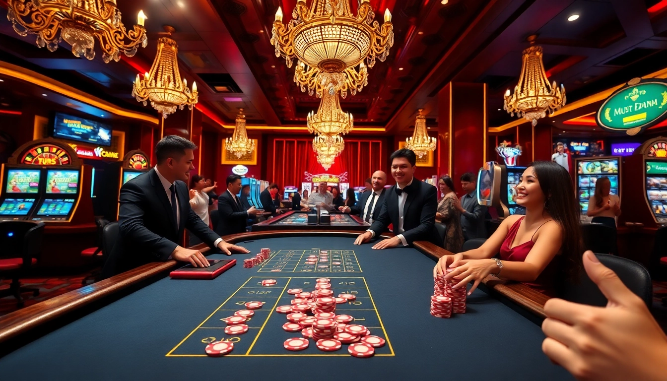 Engaging gamblers at the KM88 casino poker table with vibrant chips and roulette wheel.
