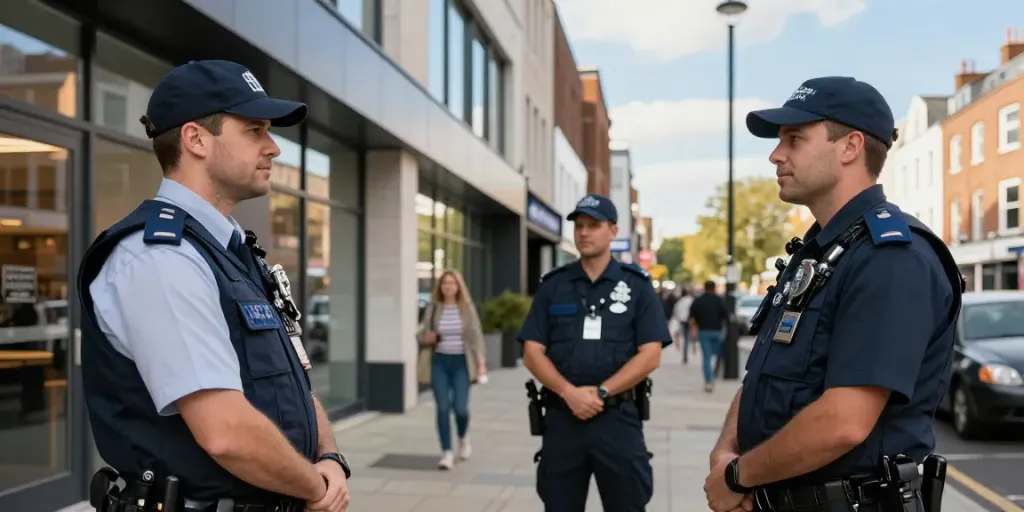 Security Guards providing professional protection services in a busy London neighborhood.