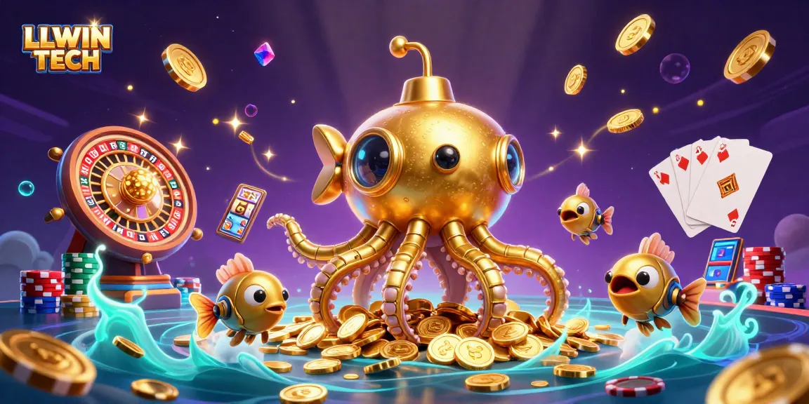 Win big with LLWIN TECH in a vibrant underwater casino scene featuring golden kraken and slot machines.