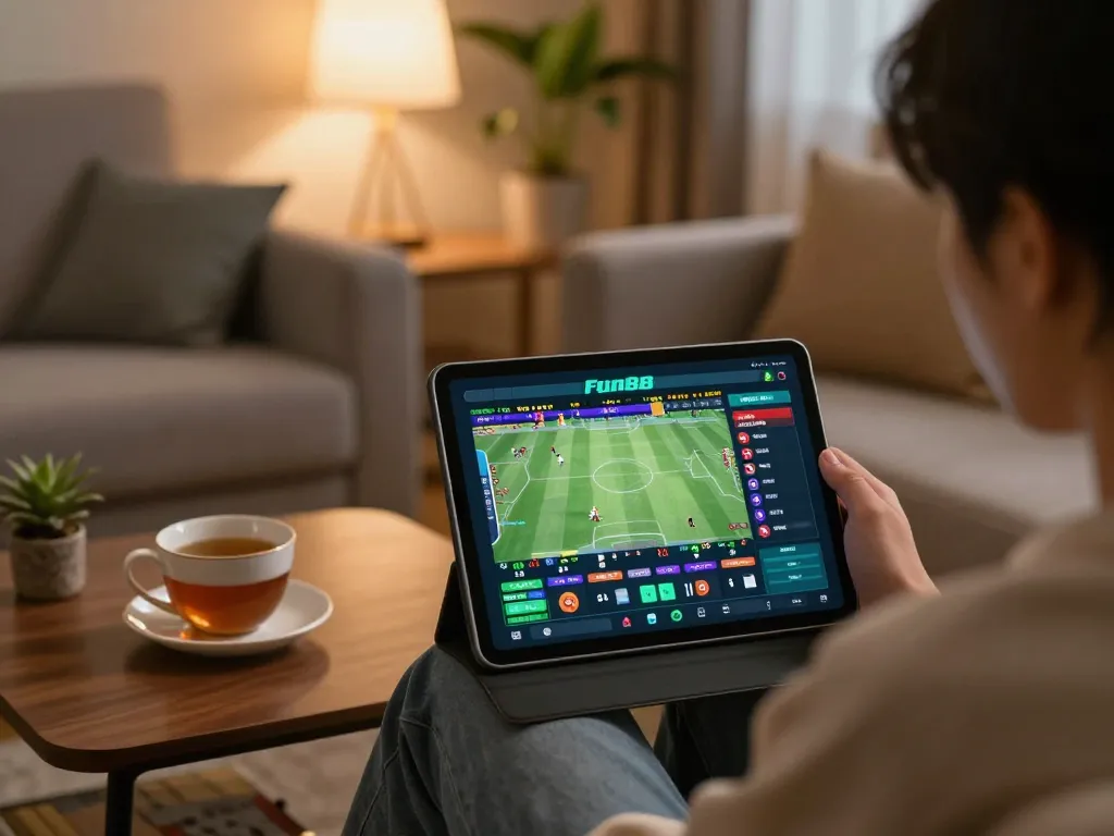 Enjoying online betting on Fun88 with a tablet in a cozy home setting.