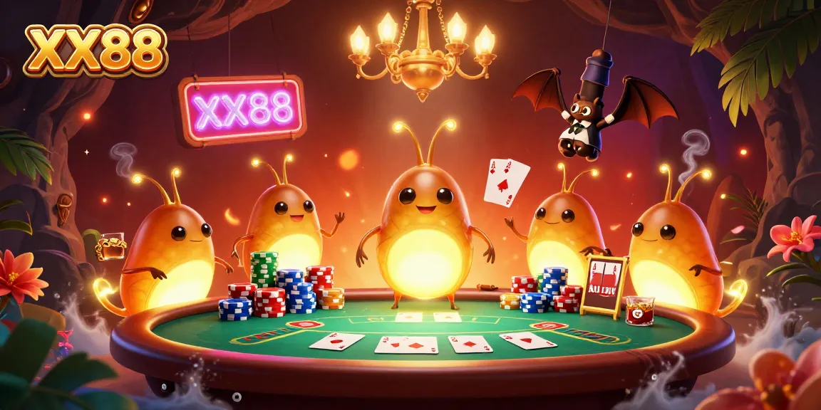 Engage with XX88 in a vibrant 3D cave casino scene filled with poker action and colorful characters