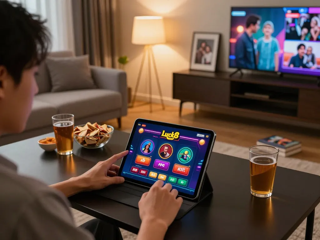 Luck8 user engaging in online casino gaming on a tablet in a cozy living room setup.