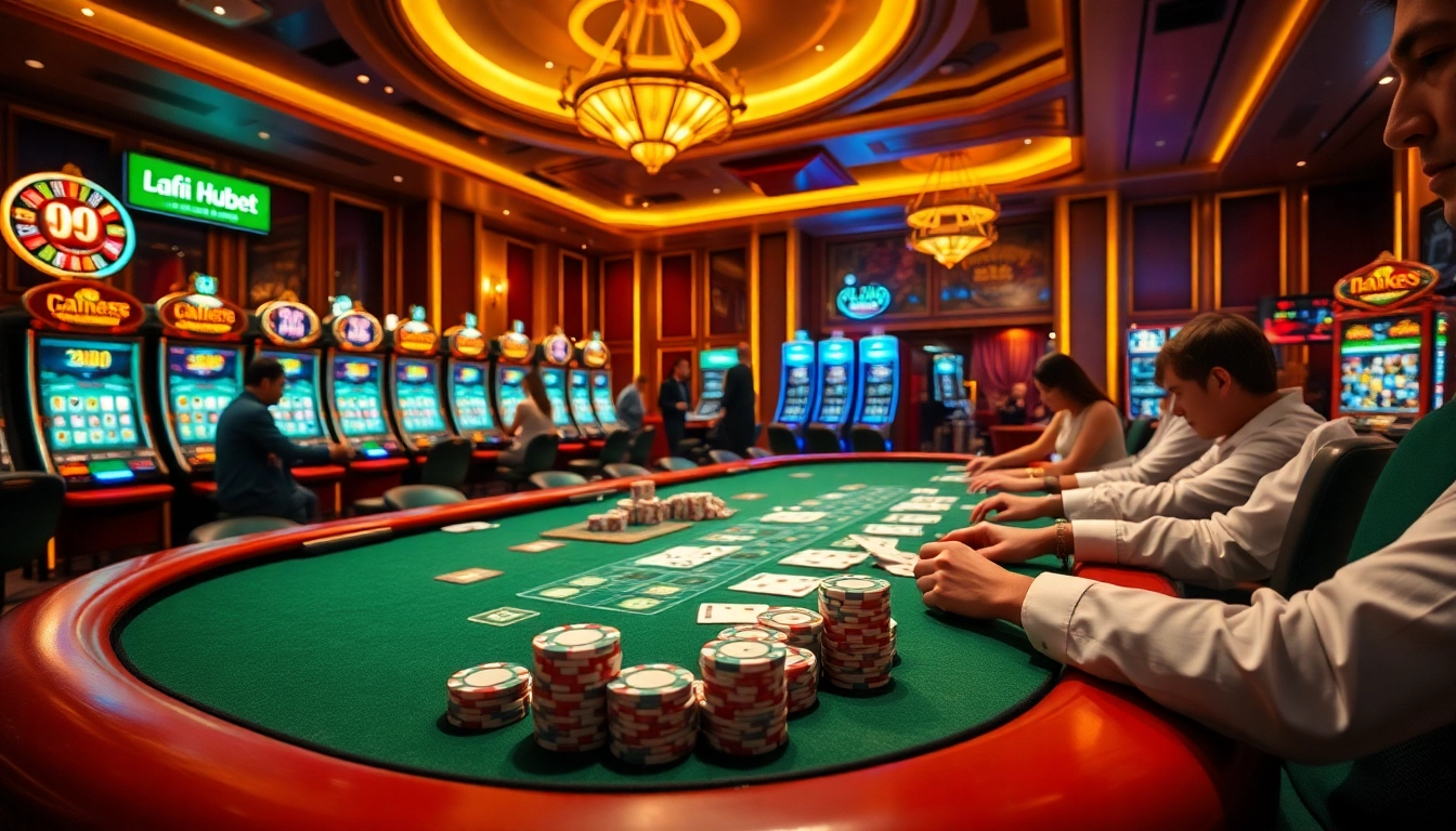 Exciting action at nhà cái hubet's casino tables with poker chips and vibrant gameplay.