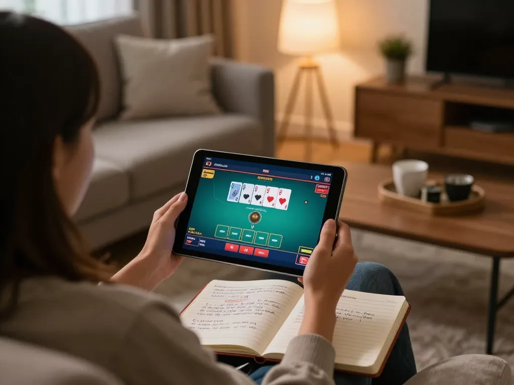 Player enjoying a poker game on vvvwin app in a cozy home setting with strategic notes nearby