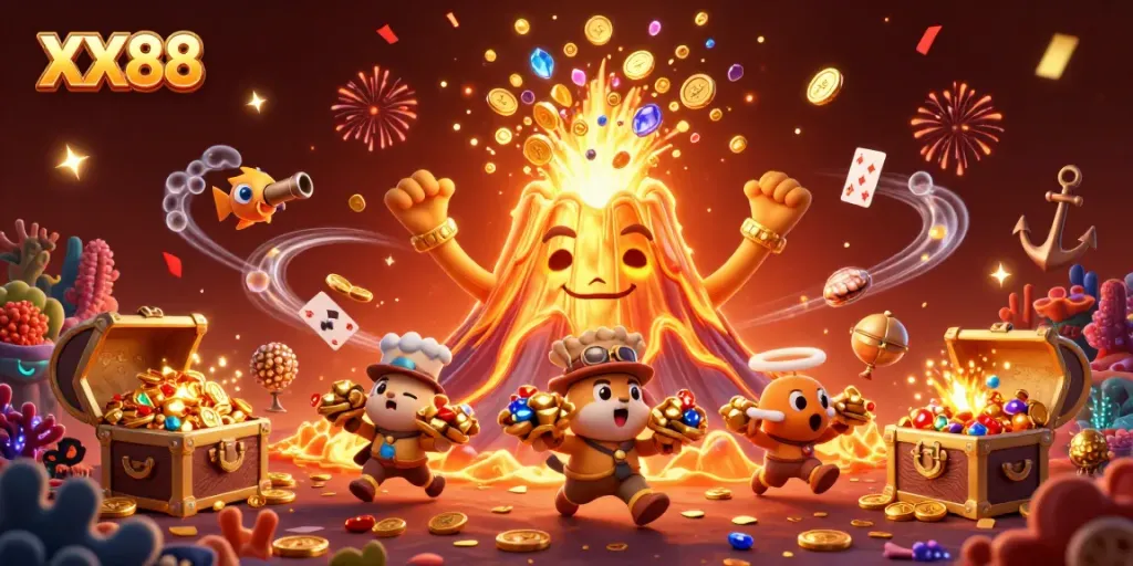 Experience exhilarating wins at XX88 as a golden volcano erupts treasures while explorer animals seek riches.