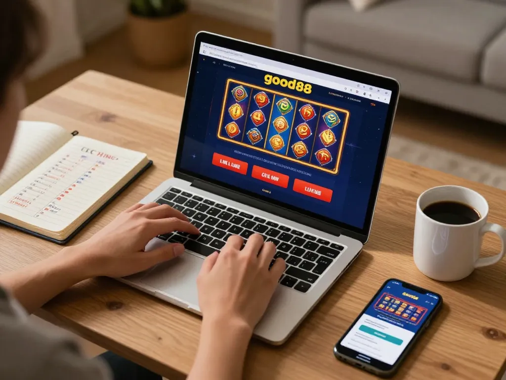 Player engaging with good88 casino games on a laptop, reflecting responsible online gambling practices in a cozy setup.