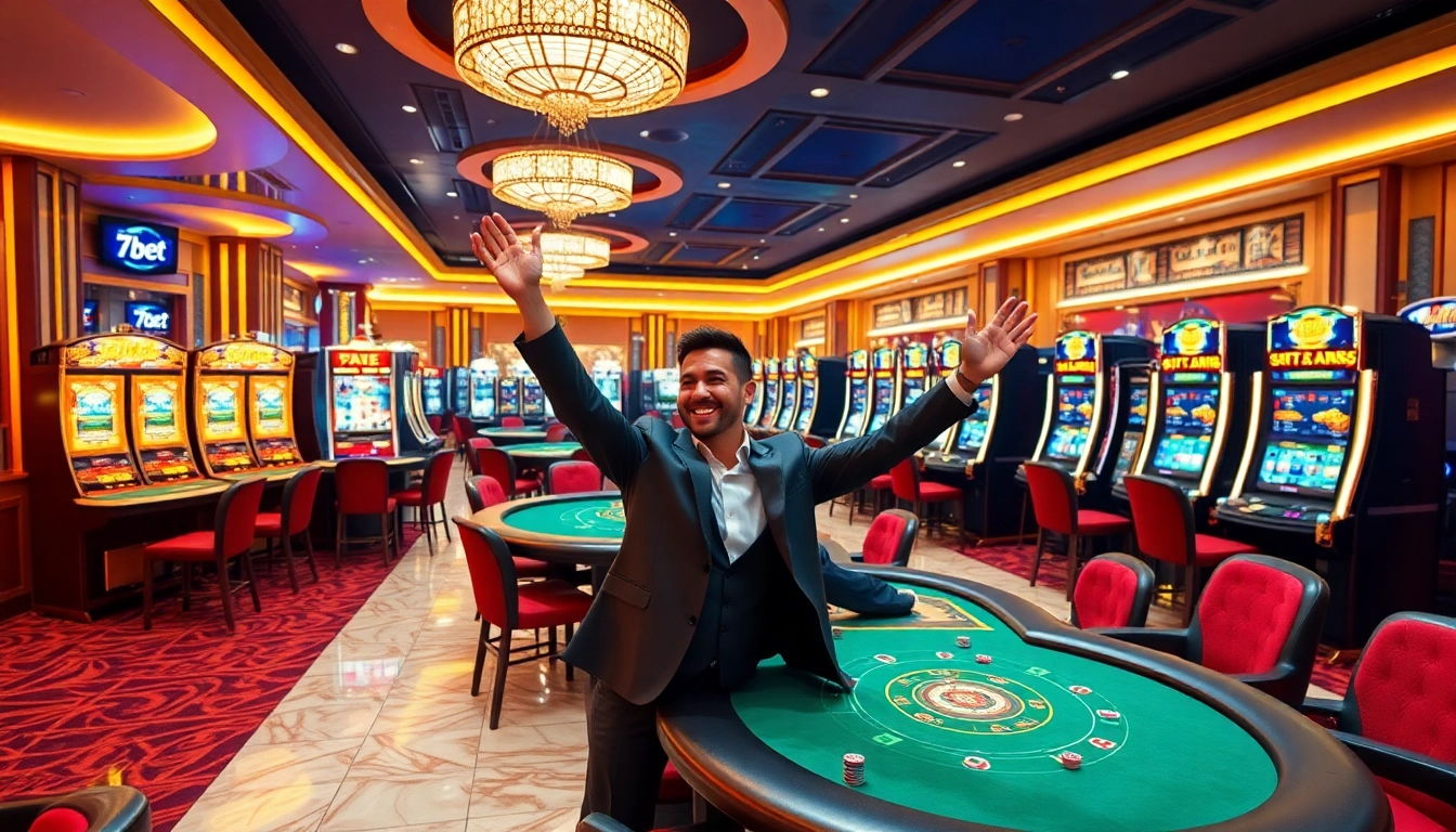 A gambler celebrates a win at a luxurious 789bet casino table with elegant poker chips and vibrant slot machines.