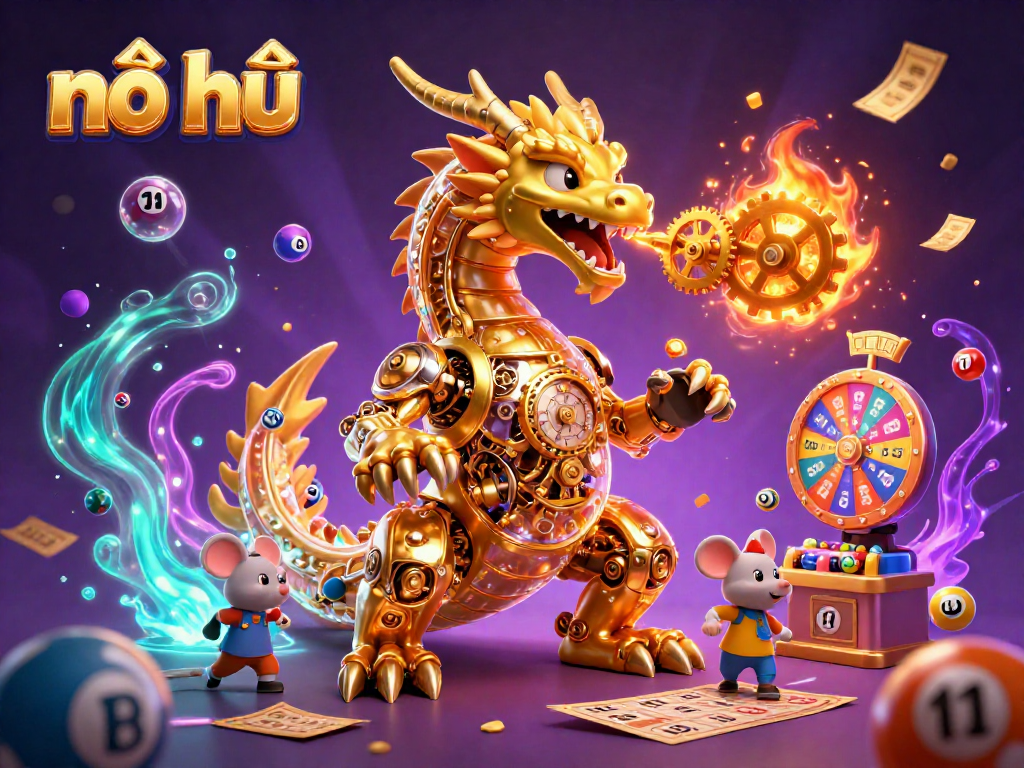 Experience nổ hũ in a vibrant casino world with a golden dragon and exciting game elements.