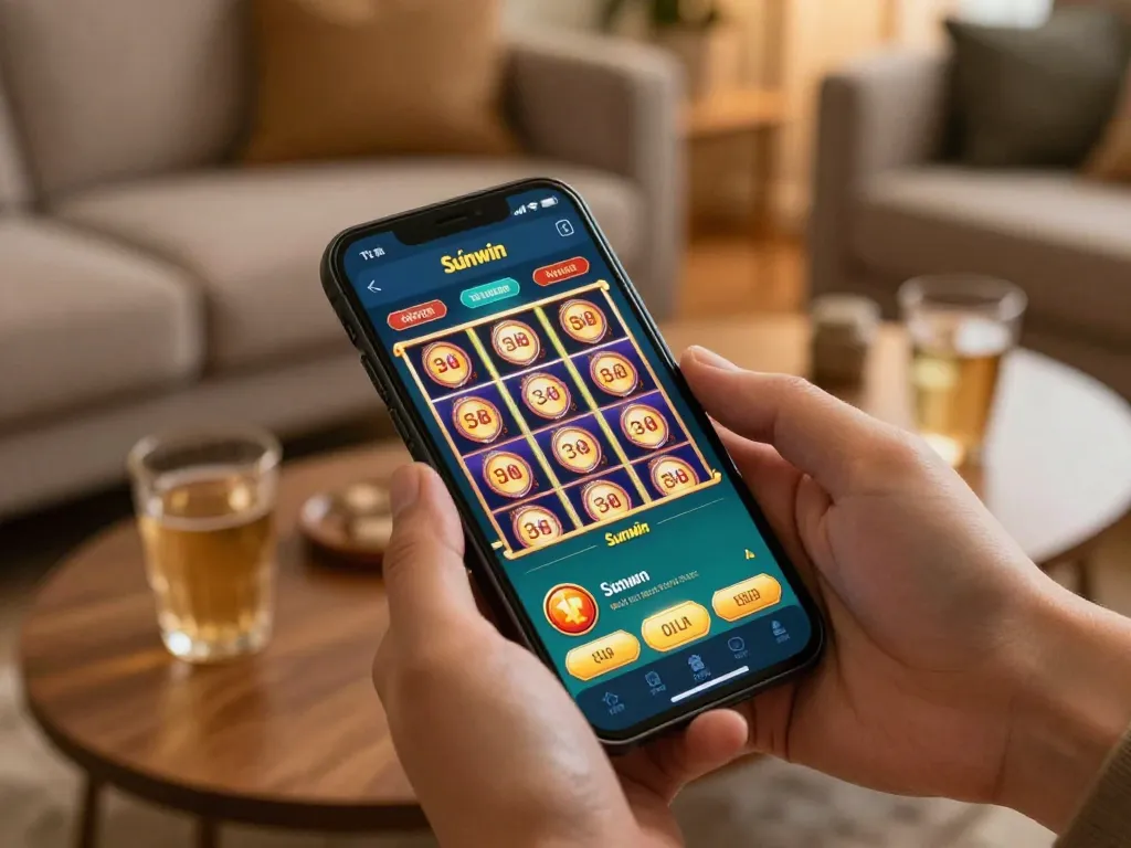 Tải Sunwin app for mobile gaming, showcasing slots and poker games on a smartphone screen in a cozy home setting